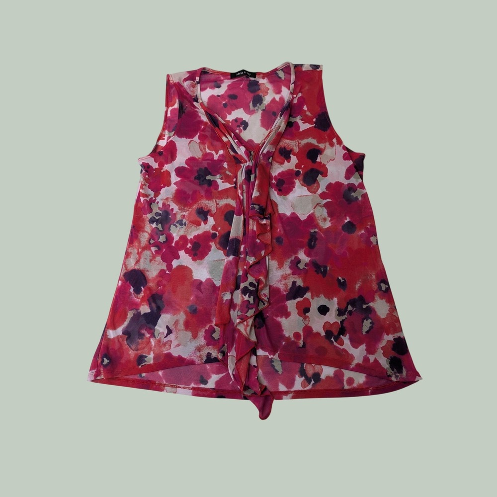 Adele & May Sleeveless Ruffle Blouse Medium Pink Red Floral Watercolor Boho‎ Top
